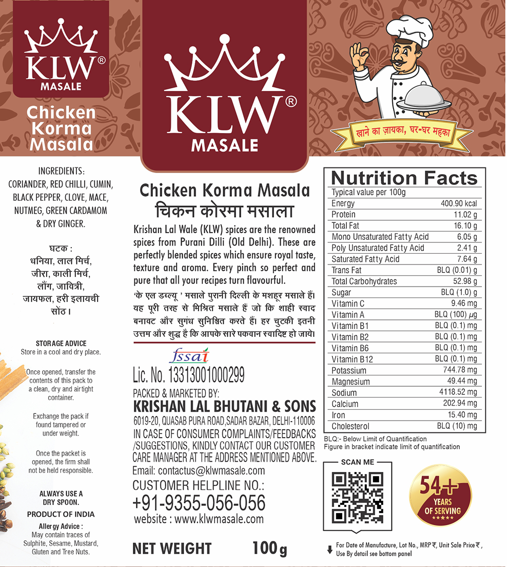 KLW Chicken Korma Masala 100g